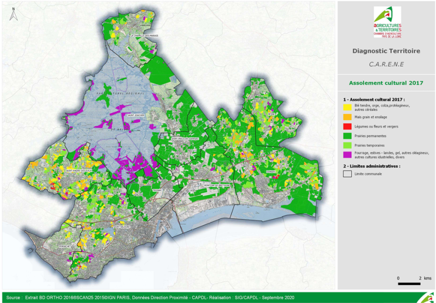 carte des différentes zones agricoles, avec le blé, les légumes, praires.